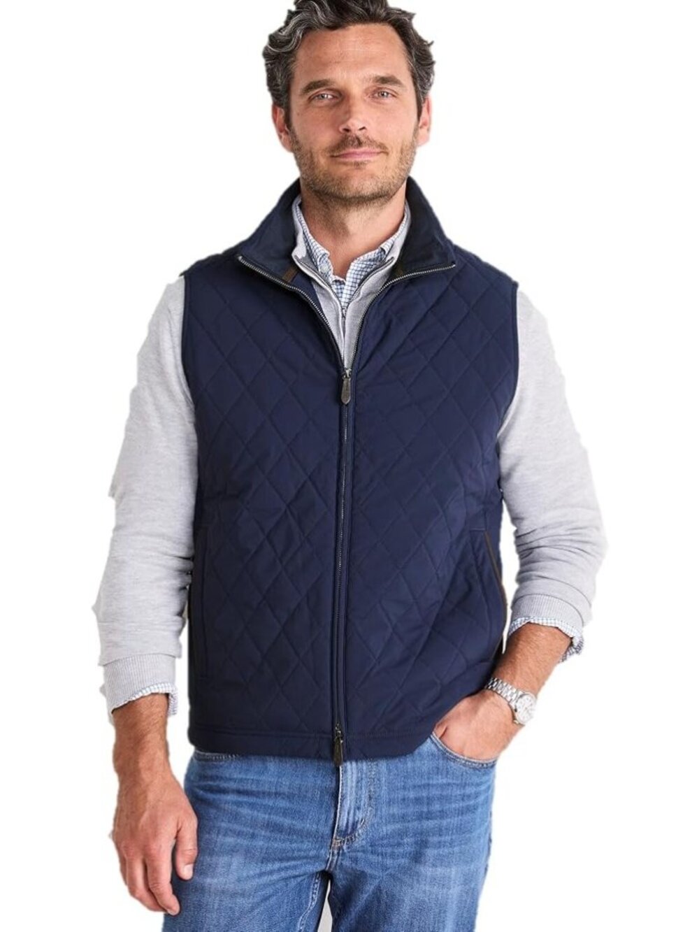 Dana Sportswear Vest Mens Size 44 Quilted Navy Blue Plaid-Lined Diamond Pattern